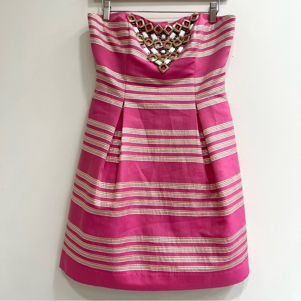 Lilly Pulitzer Sami-Ryan Strapless Mini Dress orchid pink metallic stripe  4